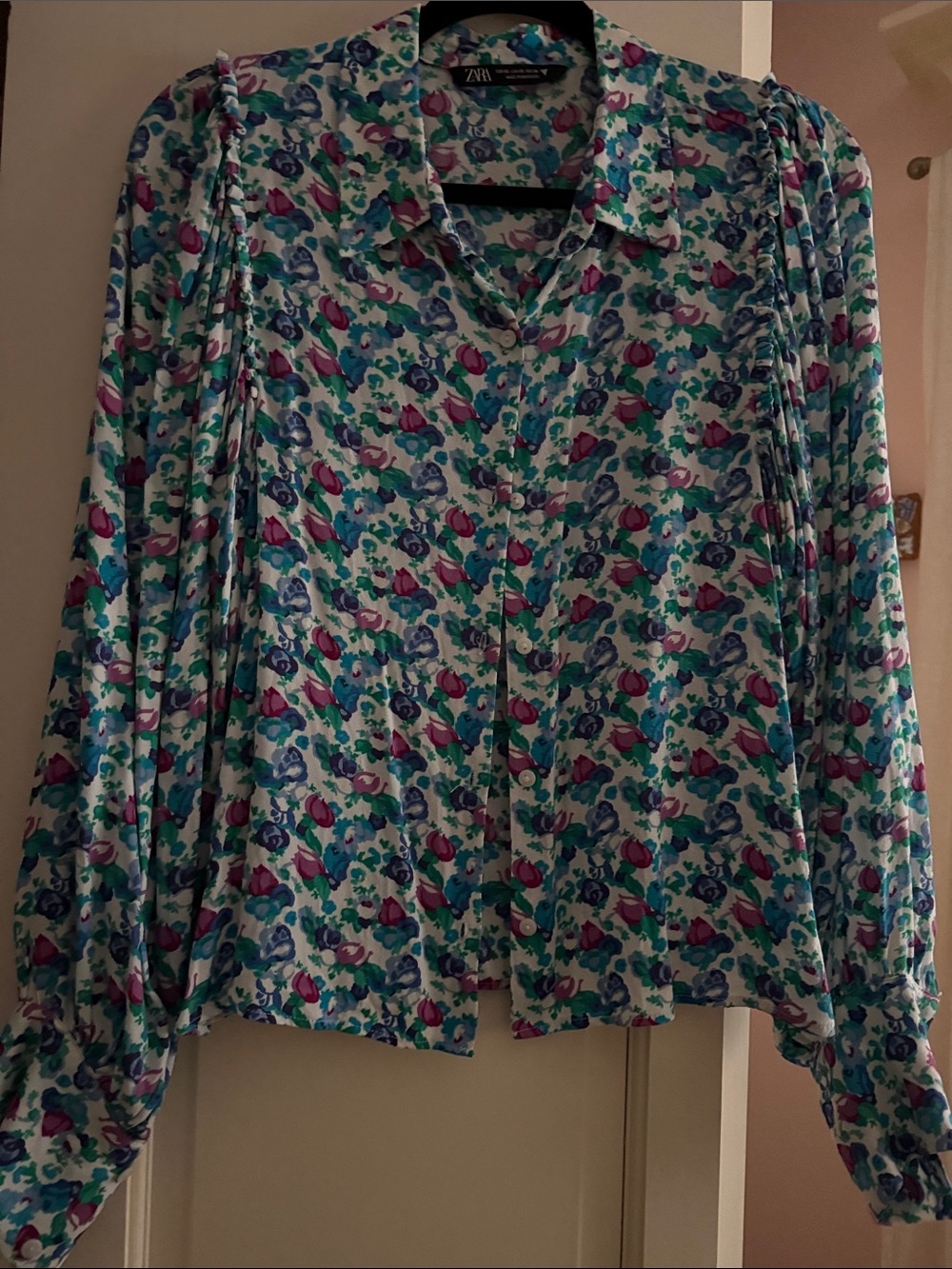 Zara Floral Button-Down Shirt in Teal, Pink & Blue